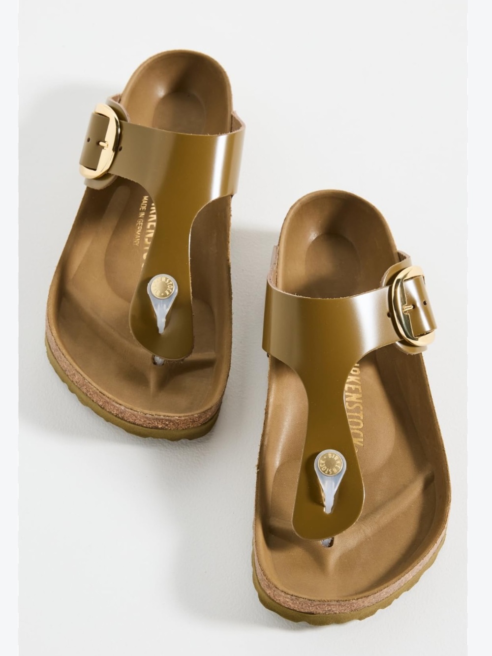 Birkenstock Gizeh High Shine Olive Brown Thong Sandals With Gold Buckle